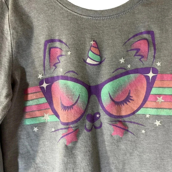 The Childrens Place Girls Gray T Shirt Glitter Cat with Glasses Unicorn Horn Top - Picture 3 of 4